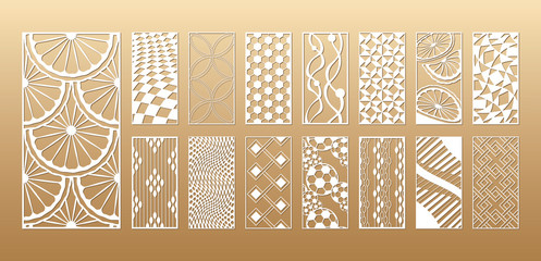 15 Laser cut vector panels (ratio 1:2). Cutout silhouette with sliced citrus, treads and beads, soccer ball, mosaic and geometric patterns. The set is suitable for engraving, laser cutting wood.