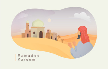 Happy eid mubarak and ramadan concept with Arabic people are grateful for time to iftar fasting. children illustration for Header page, UI, Story board, Book Illustration, Banners, gretting card