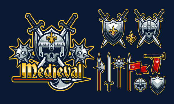 Medieval skull mascot logo design with extra design fit for sport of e-sport logo isolated on dark background
