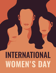 International Women's Day card with Silhouettes of three women standing together. Women's friendship, union of feminists or sisterhood. The concept of the female's empowerment movement.