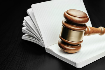 Brown wooden judge mallet on the background of open book