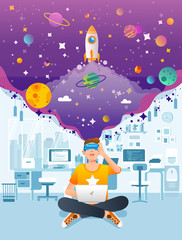 man sit with laptop using VR or virtual reality in office, start up company develop VR technology vector illustration