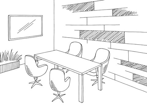 Conference room office interior graphic black white sketch illustration vector