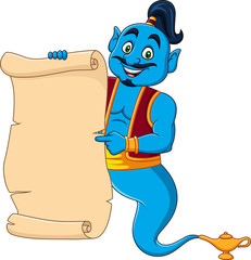 Cartoon genie holding blank scroll paper