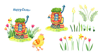 Watercolor set for your Easter design. A little cozy egg house surrounded by grass and flower. There are daffodils, tulips, mimosas and chamomile. A cute chicken. All elements are isolated on white.