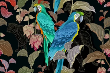 Wall murals Parrot Parrots macaw on branches of tree. Seamless pattern