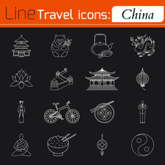 Travel - web line icon set. Attractions, food and culture of China.