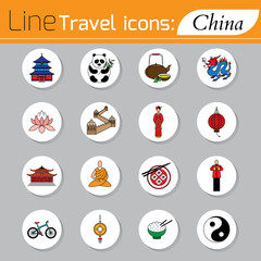 Travel - web line icon set. Attractions, food and culture of China.