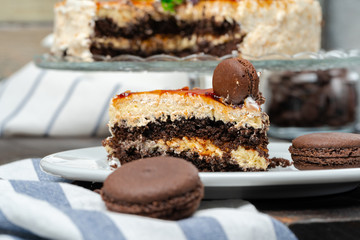 Chocolate cake with whipped cream icing on plate