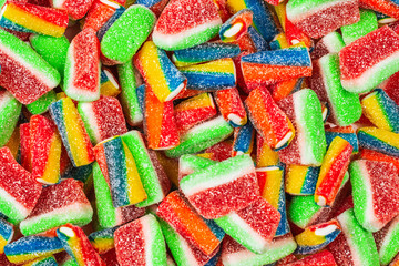 Assorted gummy candies. Top view. Jelly  sweets.