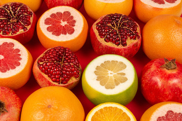 Grapefruit, orange, pomegranate, citrus sweetie on red background.