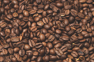 roasted coffee beans, top view, texture, tinting, selective focus