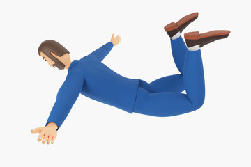 Cartoon character, businessman in suit flying. Concept success in a startup. 3d rendering
