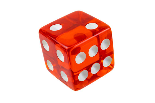 Closeup red dice isolated on white. Full clipping of the cube with faces 2, 4 and 6.