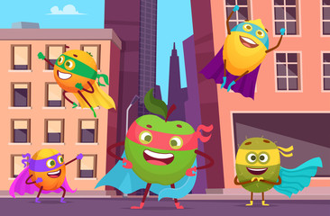 Fototapeta premium Superheroes in city. Urban landscape with fruits characters in action poses healthy food heroes vector background. Superhero fruit, orange and apple, healthy superpower illustration