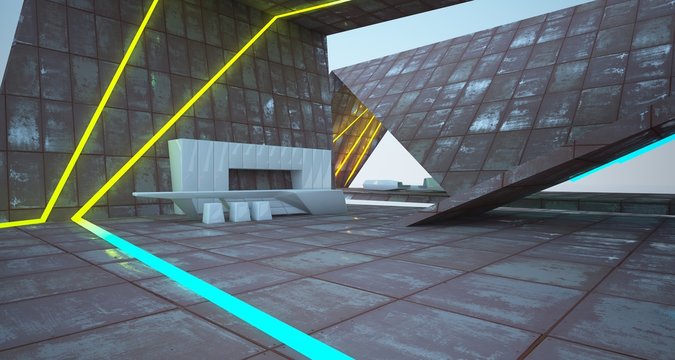 Abstract architectural concrete and rusted metal of a modern villa with colored neon lighting. 3D illustration and rendering.