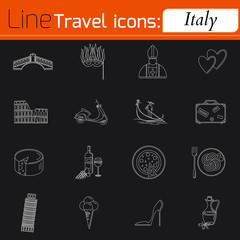 Travel - web line icon set. Attractions, food and culture of Italy.