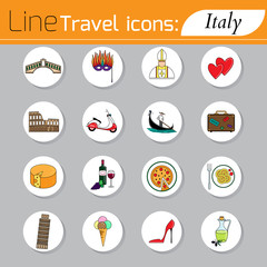 Travel - web line icon set. Attractions, food and culture of Italy.