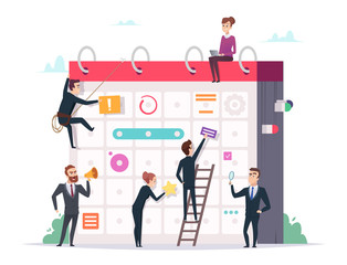 Business schedule concept. Characters managers making daily plans event organization professional management strategy tools planning. Schedule and planner, reminder deadline, timetable illustration