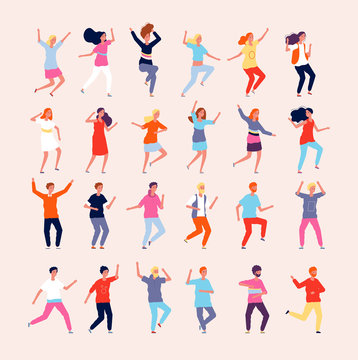 Dancing people. Happy characters male and female dancers vector flat pictures. Illustration celebration person, dancer entertainment