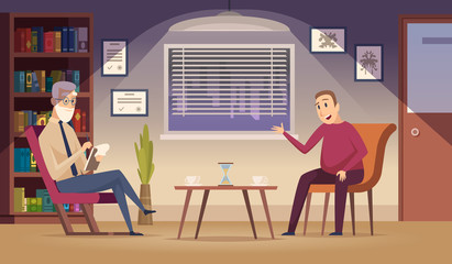 Psychotherapy. Patient on sofa professional psychotherapy dialogue session in clinic interior vector cartoon background. Therapy psychology, man patient psychotherapy illustration