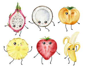 Watercolor vector cartoon fruit slices in the style of kawaii.