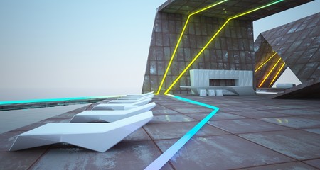Abstract architectural concrete and rusted metal of a modern villa with colored neon lighting. 3D illustration and rendering.