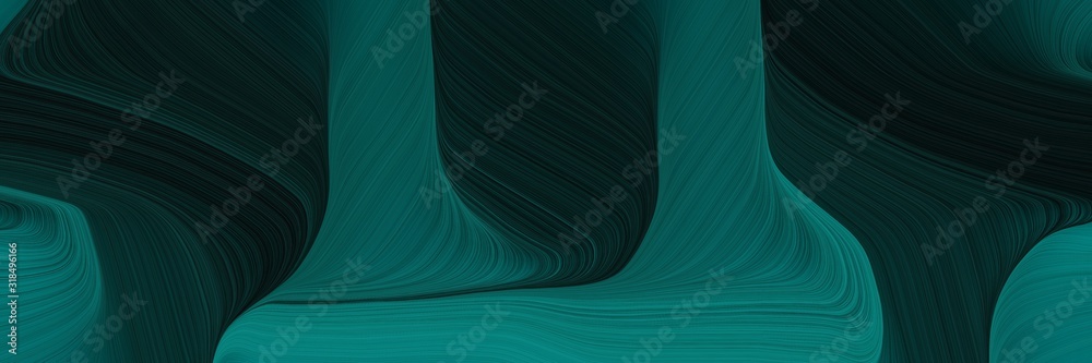 Poster dynamic horizontal banner with very dark blue, very dark green and teal colors. dynamic curved lines with fluid flowing waves and curves