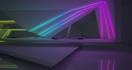 Abstract drawing architectural white interior of a minimalist house with colored neon lighting. 3D illustration and rendering.