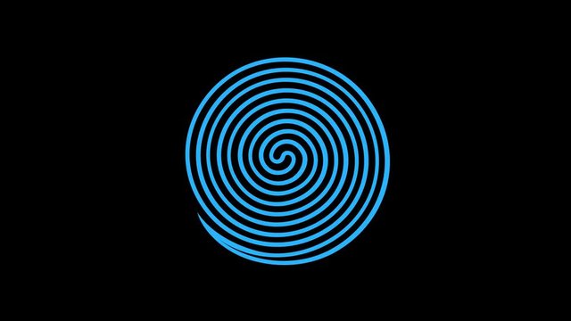 Spiral-shaped graphic object that rotates clockwise in the center, varying in size, on a background with a hypnotic, psychedelic and stroboscopic effect.