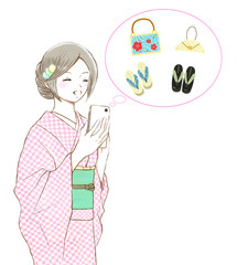 スマホを持つ着物を着た笑顔の女性_吹き出しと小物-右向き