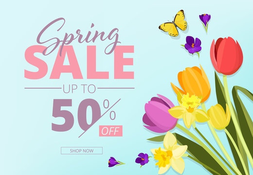 Spring sale. Advertizing background banner with abstract geometrical shapes and flowers vector store coupon. Spring poster discount, promotion advertising illustration