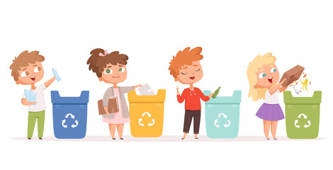 Kids recycling garbage. Saving nature ecology safe environment protection healthy recycling processes vector cartoon characters. Garbage recycle bin, waste recycling illustration