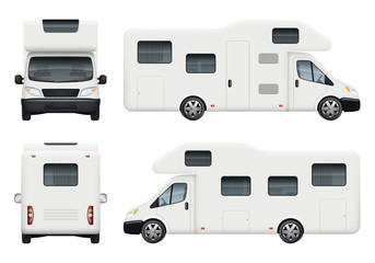 Rv camper. Realistic family camping trailer for travelling and have a rest car back top and front sides view vector set. Camper car, camp vehicle trailer illustration