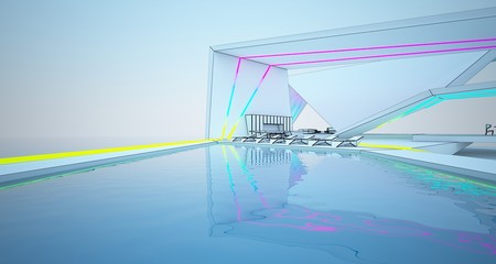 Fototapeta premium Abstract drawing architectural white interior of a modern villa on the sea with colored neon lighting. 3D illustration and rendering.