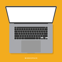 laptop icon in flat style design with keyboard and touchpad top view with shadow on yellow background. notebook mockup. stock vector illustration