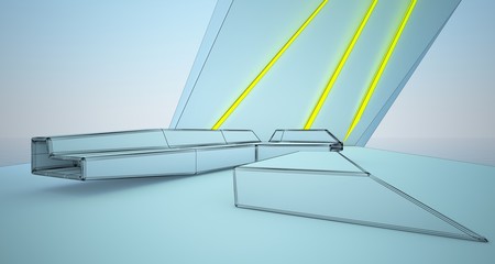 Abstract drawing architectural white interior of a modern villa on the sea with colored neon lighting. 3D illustration and rendering.