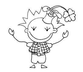 Coloring book for kids - cute leprechaun cartoon character. St Patricks day. 17 March. Black and white cute cartoon hand drawing kids. Vector illustration.