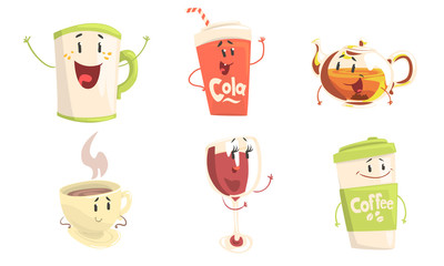 Funny Drinks Cartoon Characters Collection, Cola, Tea, Coffee, Wine Cute Beverages, Cafe, Restaurant Menu Design Element Vector Illustration