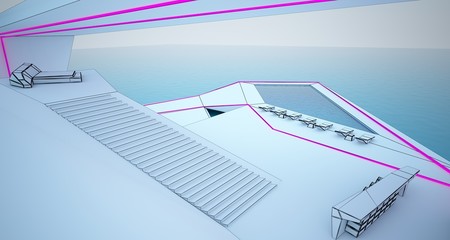 Abstract drawing architectural white interior of a modern villa on the sea with colored neon lighting. 3D illustration and rendering.