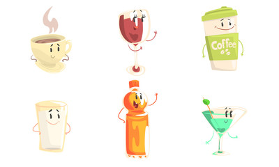 Funny Drinks Cartoon Characters Collection, Tea, Wine, Coffee, Milk, Martini, Juice Cute Beverages, Cafe, Restaurant Menu Design Element Vector Illustration