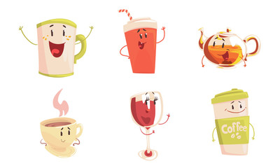 Funny Drinks Cartoon Characters Collection, Cola, Tea, Coffee Cup, Wine Glass Cute Beverages, Cafe, Restaurant Menu Design Element Vector Illustration