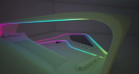 Abstract architectural white interior of a minimalist house with colored neon lighting. 3D illustration and rendering.