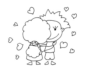 Coloring book for kids - smiling boy and girl dancing. Be my Valentine. Valentines day. 14 February. Black and white cute cartoon hand drawing kids. Vector illustration.