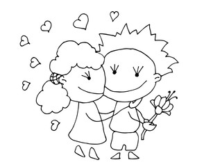 Coloring book for kids - smiling boy congratulates with holiday and holding a flower in his hands. Be my Valentine. Valentines day. 14 February. Black and white cute cartoon hand drawing kids. Vector 