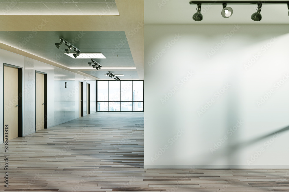 Aufkleber Blank wall in office mockup with large windows and sun passing through 3D rendering