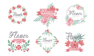 Flower Shop Logo Templates Set, Florist Boutique Badges, Emblems, Logotypes in Pastel Colors Vector Illustration