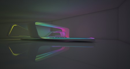 Abstract architectural white interior of a minimalist house with colored neon lighting. 3D illustration and rendering.