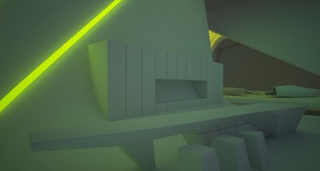 Abstract architectural white interior of a minimalist house with colored neon lighting. 3D illustration and rendering.