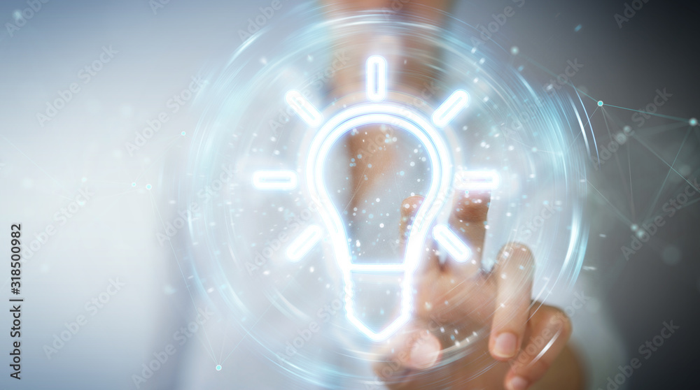 Aufkleber Woman using lightbulb neon digital interface 3D rendering
